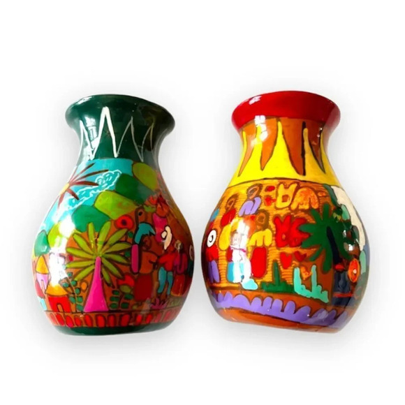 Vintage Handpainted Mexican Pottery Vases Red Clay Small Vessels Jugs Colorful 2 - Picture 1 of 12